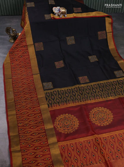 Pure uppada block printed silk saree black and maroon with butta prints and long zari woven printed border