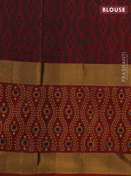 Pure uppada block printed silk saree black and maroon with butta prints and long zari woven printed border