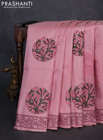 Pure uppada block printed silk saree pastel pink with butta prints and printed border