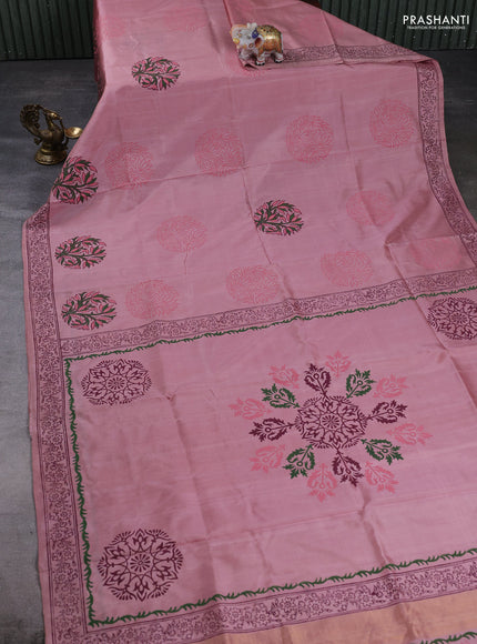 Pure uppada block printed silk saree pastel pink with butta prints and printed border