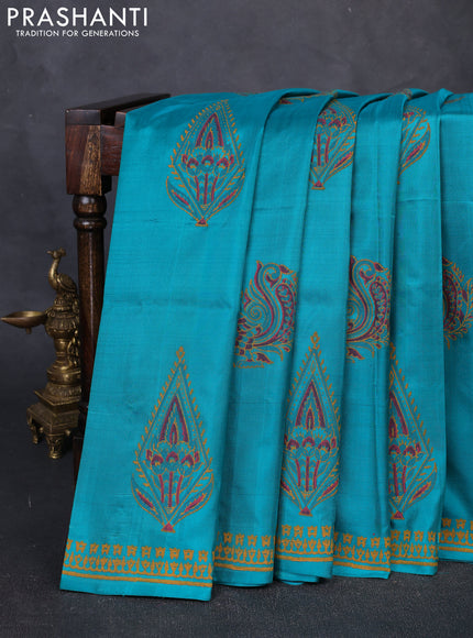 Pure uppada block printed silk saree teal green with butta prints and printed butta bordeer