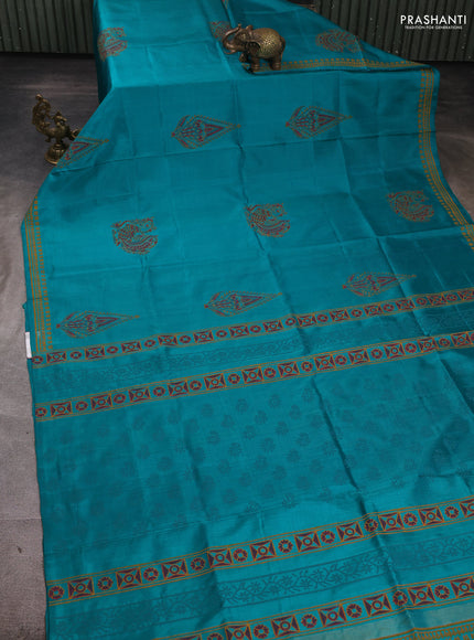 Pure uppada block printed silk saree teal green with butta prints and printed butta bordeer