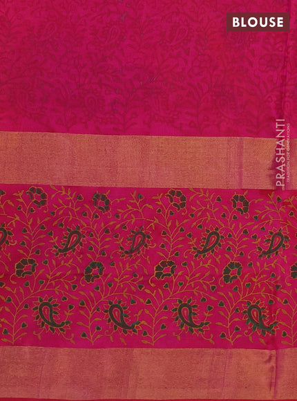 Pure uppada block printed silk saree dual tone pinkish yellow and pink with paisley butta prints and long zari woven printed border