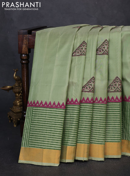 Pure uppada block printed silk saree pastel green with butta prints and long printed zari woven border