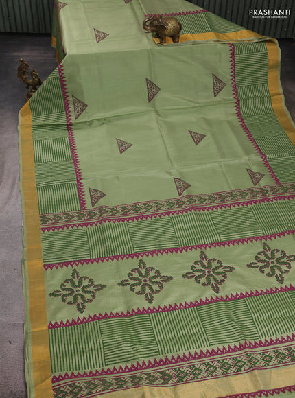 Pure uppada block printed silk saree pastel green with butta prints and long printed zari woven border