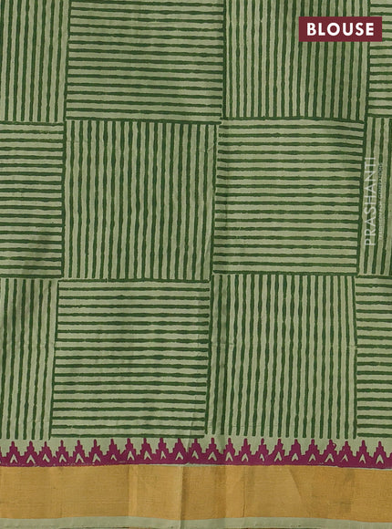 Pure uppada block printed silk saree pastel green with butta prints and long printed zari woven border