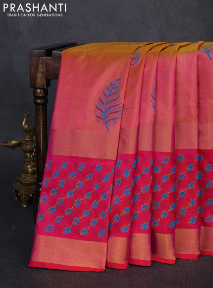 Pure uppada block printed silk saree dual tone pinkish yellow and pink with leaf butta prints and long zari woven printed border