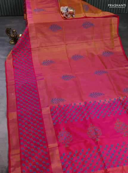 Pure uppada block printed silk saree dual tone pinkish yellow and pink with leaf butta prints and long zari woven printed border