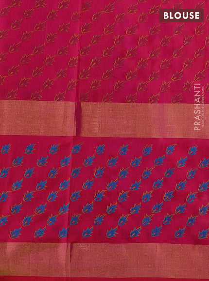 Pure uppada block printed silk saree dual tone pinkish yellow and pink with leaf butta prints and long zari woven printed border