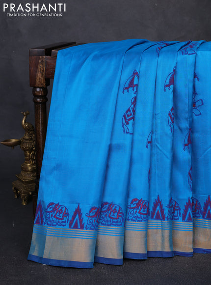 Pure uppada block printed silk saree cs blue and blue with butta prints and zari woven border