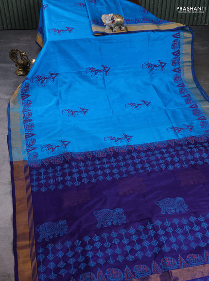 Pure uppada block printed silk saree cs blue and blue with butta prints and zari woven border
