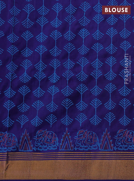Pure uppada block printed silk saree cs blue and blue with butta prints and zari woven border