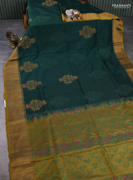 Pure uppada block printed silk saree bottle green and dark mustard with butta prints and zari woven border