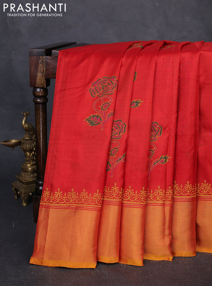 Pure uppada block printed silk saree red and yellow with floral butta prints and zari woven border