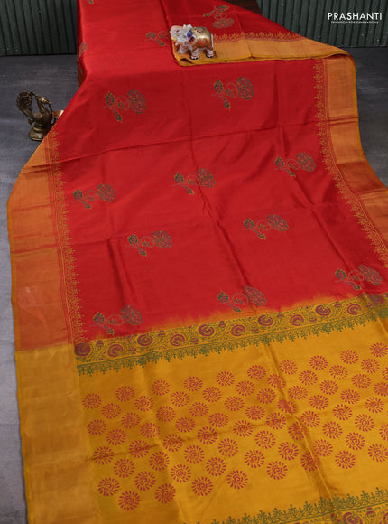 Pure uppada block printed silk saree red and yellow with floral butta prints and zari woven border