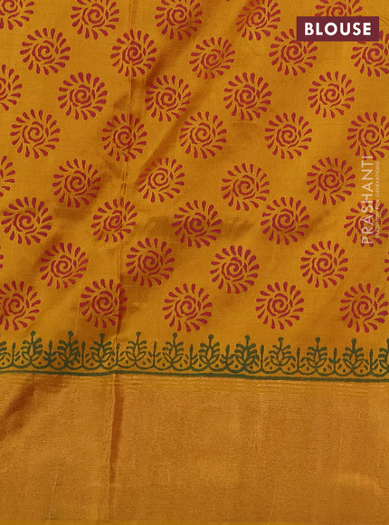 Pure uppada block printed silk saree red and yellow with floral butta prints and zari woven border