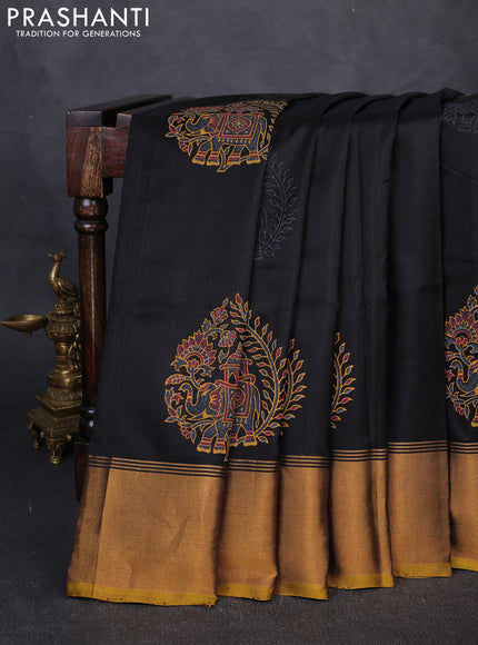 Pure uppada block printed silk saree black and yellow with elephant butta prints and zari woven border