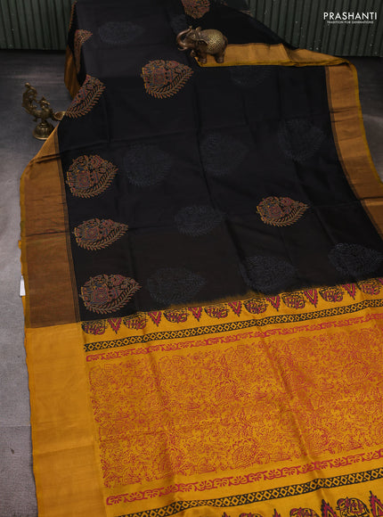 Pure uppada block printed silk saree black and yellow with elephant butta prints and zari woven border