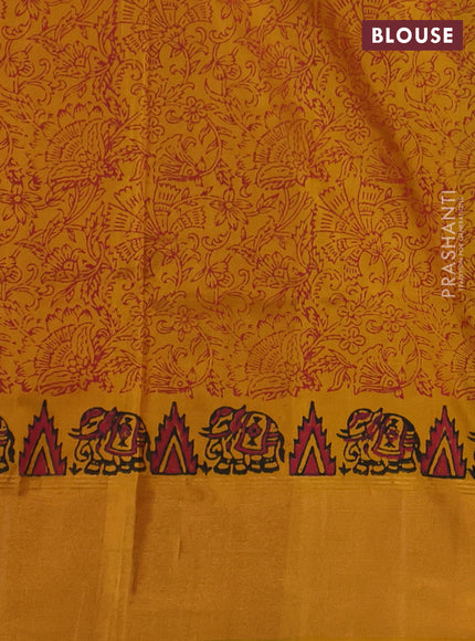 Pure uppada block printed silk saree black and yellow with elephant butta prints and zari woven border
