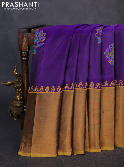 Pure uppada block printed silk saree violet and mango yellow with butta prints and zari woven border