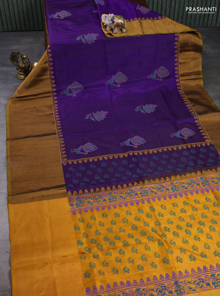 Pure uppada block printed silk saree violet and mango yellow with butta prints and zari woven border