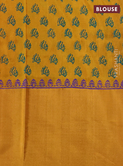 Pure uppada block printed silk saree violet and mango yellow with butta prints and zari woven border