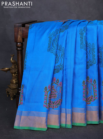 Pure uppada block printed silk saree cs blue and dual tone green with butta prints and zari woven border