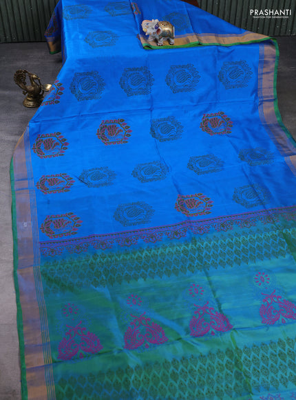 Pure uppada block printed silk saree cs blue and dual tone green with butta prints and zari woven border