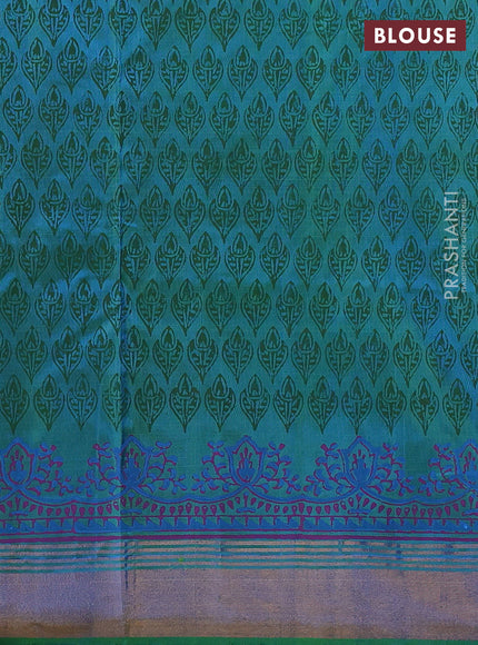 Pure uppada block printed silk saree cs blue and dual tone green with butta prints and zari woven border