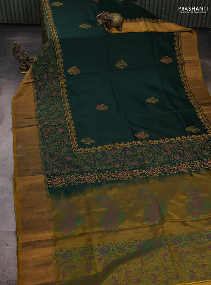 Pure uppada block printed silk saree bottle green and dark mustard with butta prints and printed zari woven border