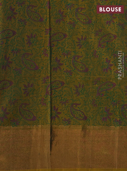 Pure uppada block printed silk saree bottle green and dark mustard with butta prints and printed zari woven border