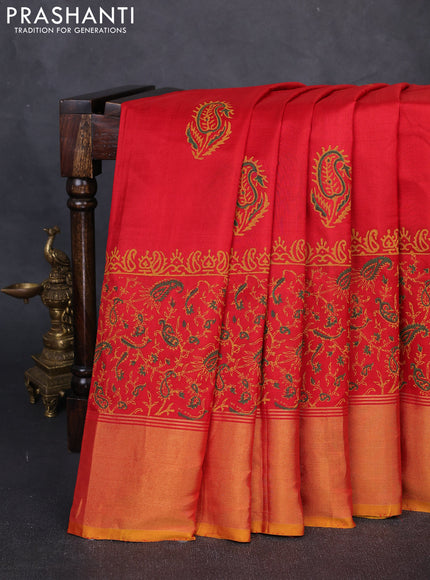 Pure uppada block printed silk saree red and yellow with paisley butta prints and printed zari woven border