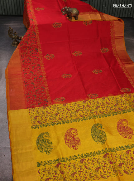 Pure uppada block printed silk saree red and yellow with paisley butta prints and printed zari woven border