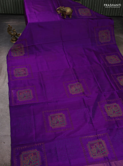 Pure uppada block printed silk saree purple with butta prints and butta printed border