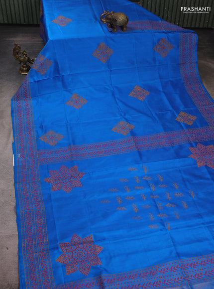Pure uppada block printed silk saree cs blue with butta prints and printed border