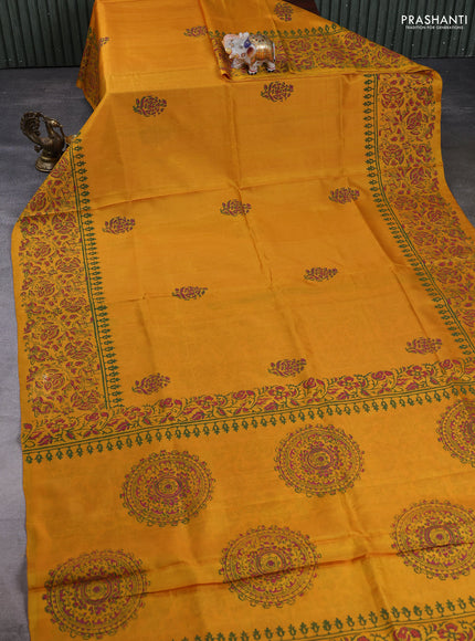 Pure uppada block printed silk saree mango yellow with butta prints and kalamkari printed border