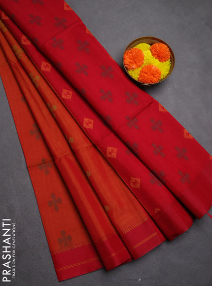 Kora silk cotton saree sunset orange and kumkum red with thread woven buttas and rettapet border