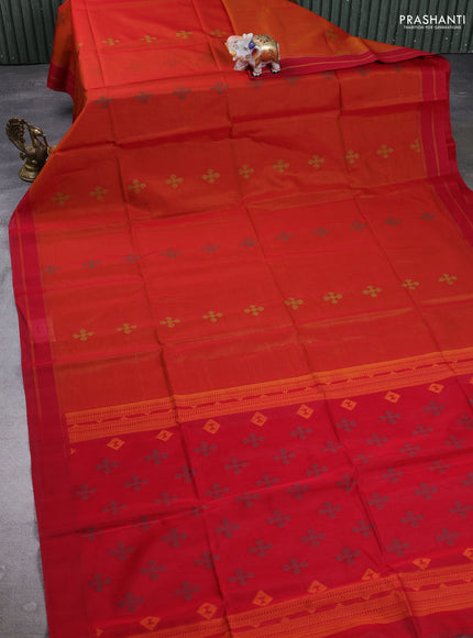 Kora silk cotton saree sunset orange and kumkum red with thread woven buttas and rettapet border