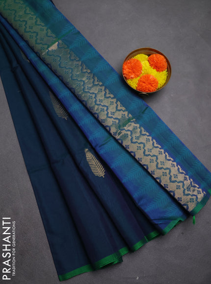 Kora silk cotton saree peacock green and dual tone green with thread & zari woven buttas and piping border
