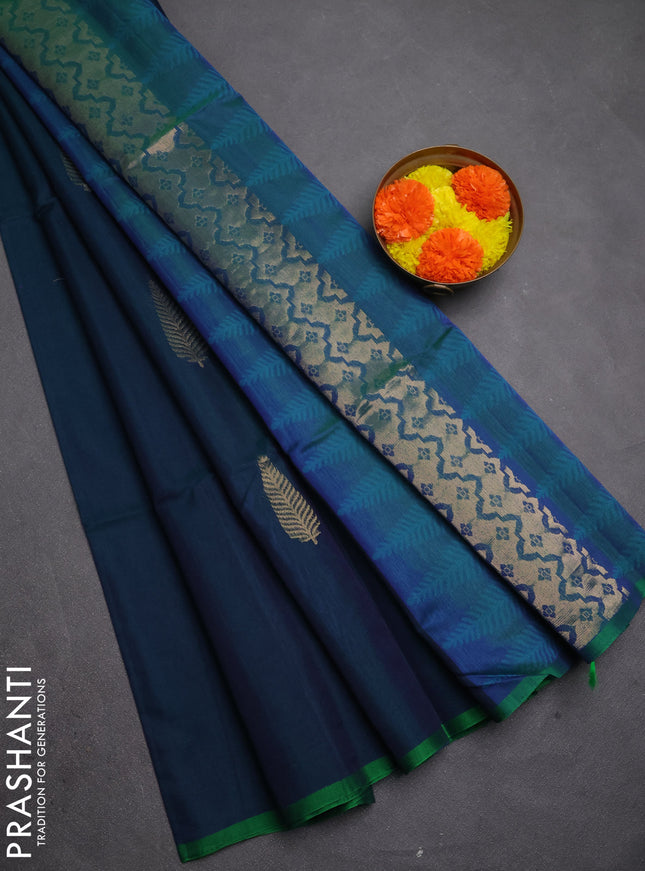 Kora silk cotton saree peacock green and dual tone green with thread & zari woven buttas and piping border