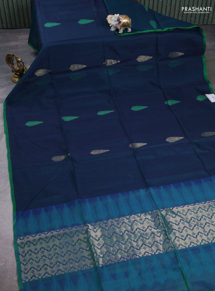 Kora silk cotton saree peacock green and dual tone green with thread & zari woven buttas and piping border