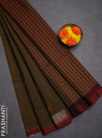Kora silk cotton saree dark mustard and maroon with thread woven buttas and simple border