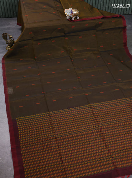 Kora silk cotton saree dark mustard and maroon with thread woven buttas and simple border