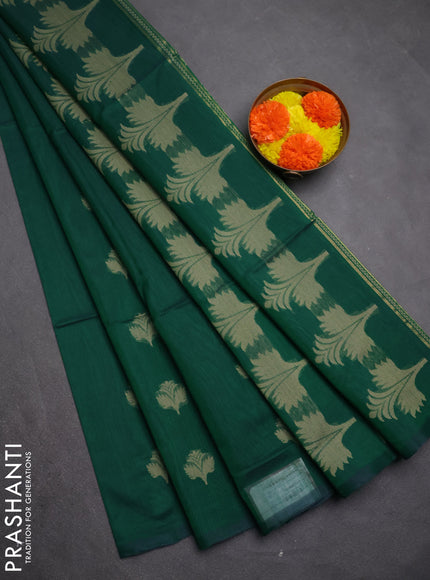 Kora silk cotton saree peacock green with thread & zari woven buttas in borderless style