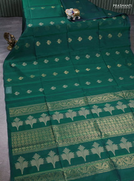 Kora silk cotton saree peacock green with thread & zari woven buttas in borderless style