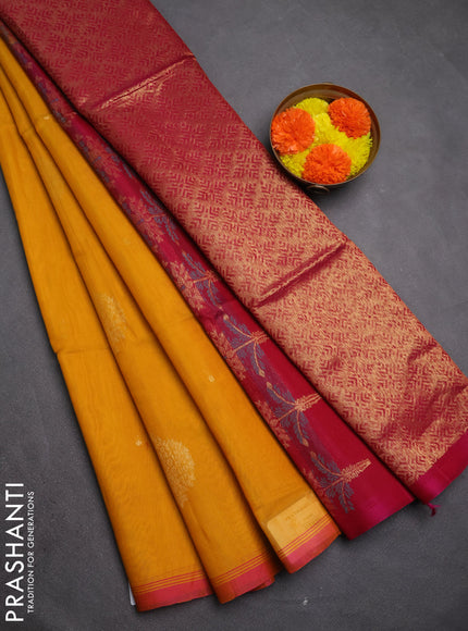 Kora silk cotton saree yellow and pink with zari woven buttas and simple border