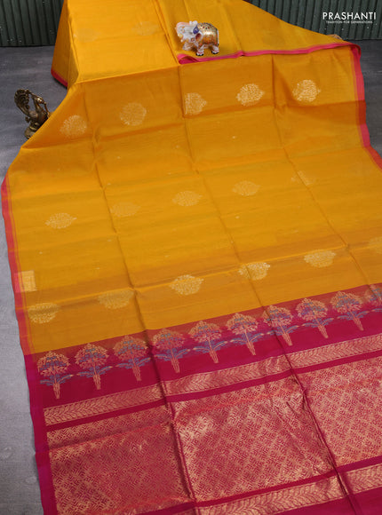 Kora silk cotton saree yellow and pink with zari woven buttas and simple border