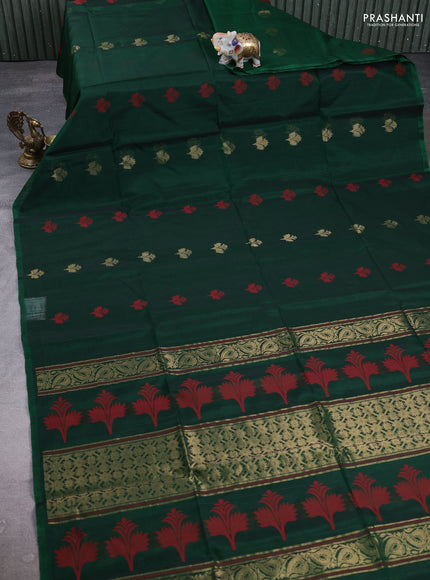 Kora silk cotton saree green with thread & zari woven buttas in borderless style