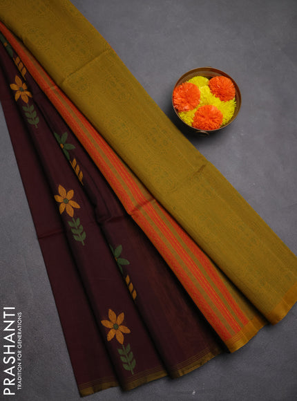 Kora silk cotton saree deep maroon and dark mustard with thread woven floral buttas and simple border
