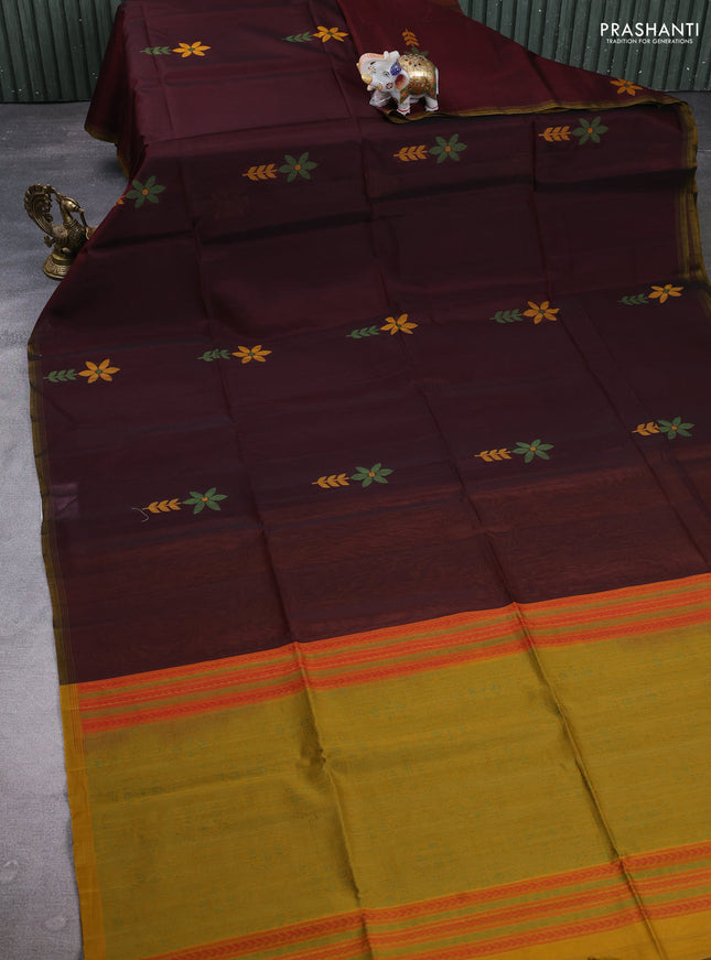 Kora silk cotton saree deep maroon and dark mustard with thread woven floral buttas and simple border